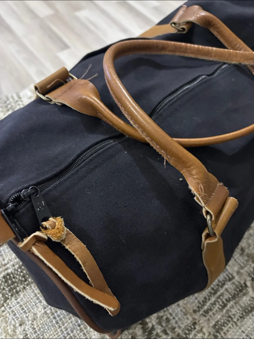 RSJ&G Black Canvas Weekend Travel Duffel Bag with‎ Brown Leather Trim